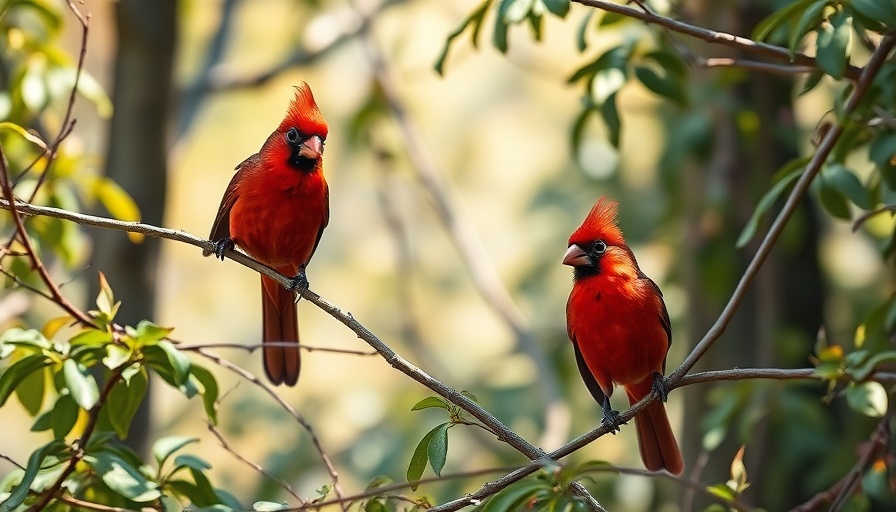Vibrant red birds perched in lush greenery, highlighting endangered birds.
