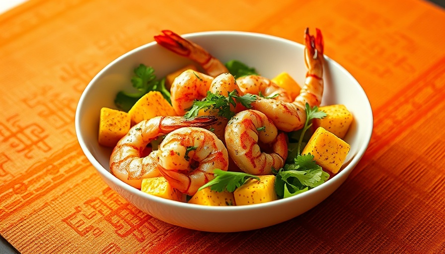 Vibrant dish of shrimp, polenta, and veggies on an orange cloth.