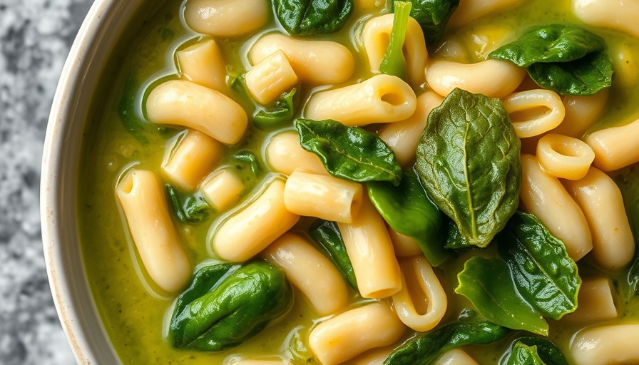 Close-up of green Pasta e Fagioli with beans and greens.