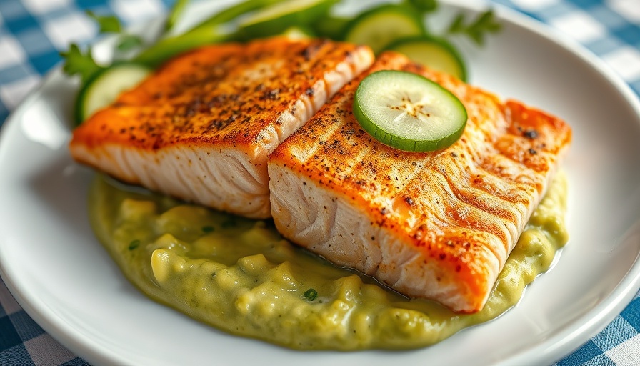 Crispy salmon with avocado sauce on a white plate garnished with cucumber slices.