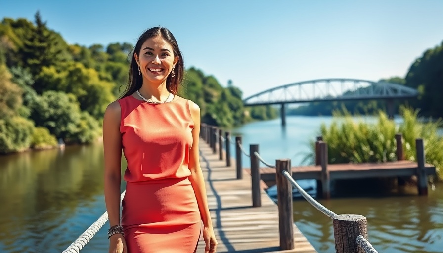 Chic woman in coral outfit on dock by river, Neo-Soul R&B with Amapiano Sax.