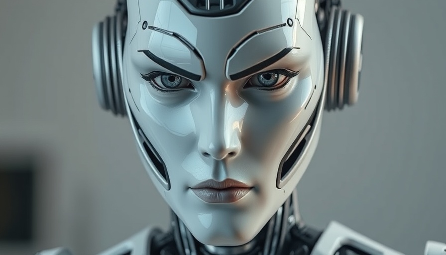Future humanoid robot with intense stare, AI Future Transformations 2030.