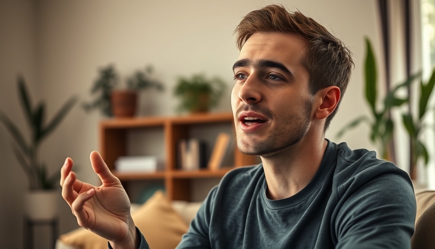 Young man discussing Brain.fm for Focused Work in a cozy indoor setting.