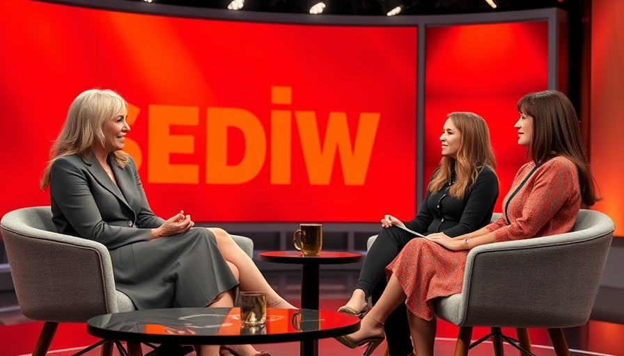 Three women discussing the price of influencer fame on talk show set.