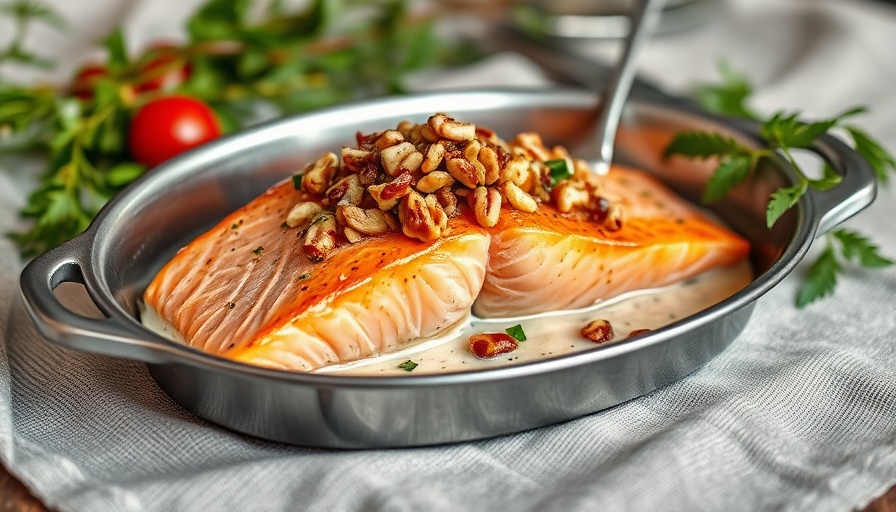 Salmon with nut salsa recipe in metal dish with garnishes.