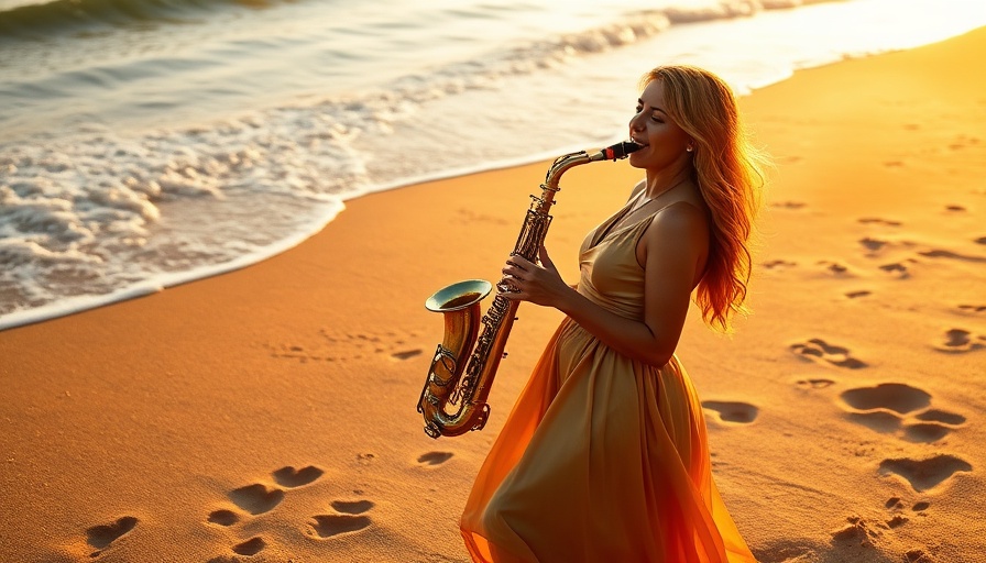Amapiano Latin House Neo Soul music fusion theme with woman playing saxophone on beach.