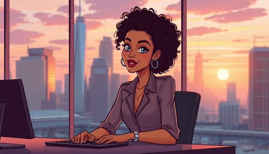 Daily Work Lofi Music theme with stylish woman at desk in city sunset.
