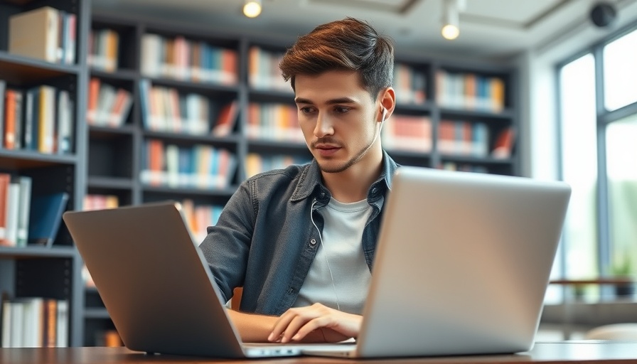 Focused young man using laptop in library, effective company training program setting.