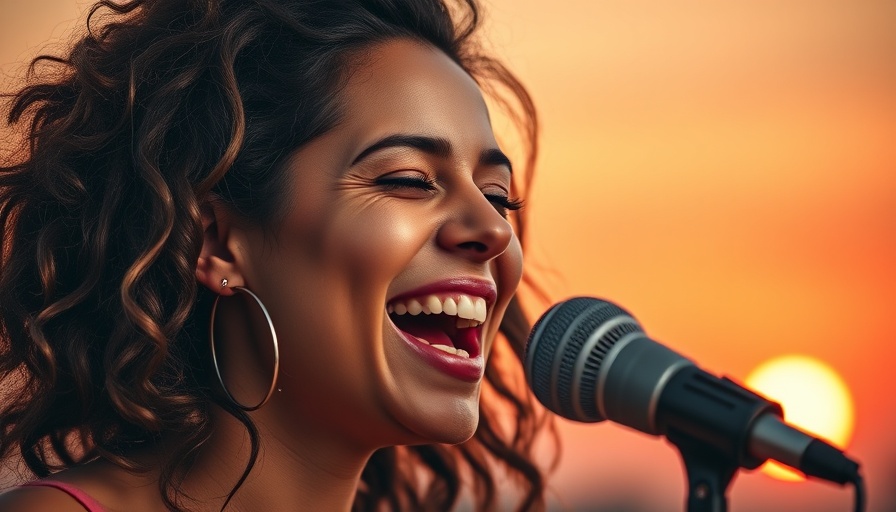 Smiling woman singing passionately at sunset with Neo-Soul Amapiano Vibes.
