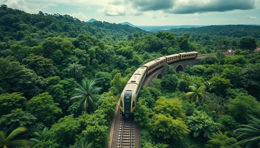 Aerial view of train in jungle highlighting Tren Maya impact on tourism.