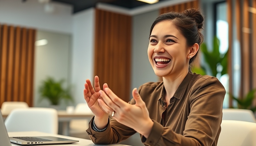 Smiling woman explaining at a desk in a modern office setting.