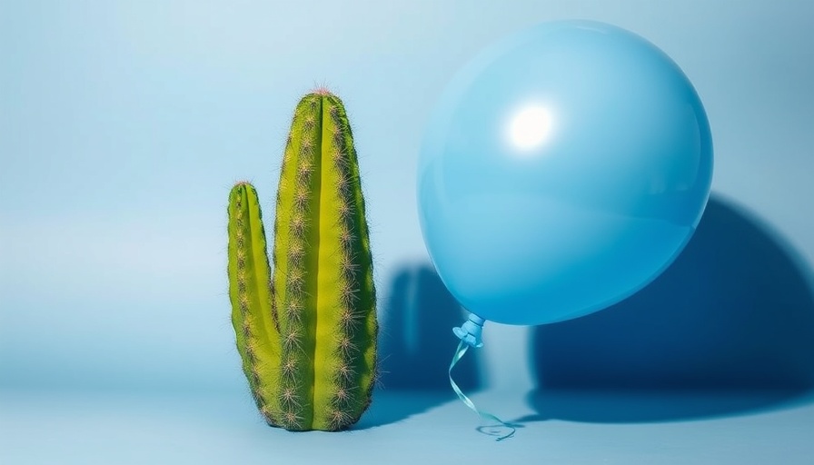 Cactus and blue balloon on blue background, contrasting elements.
