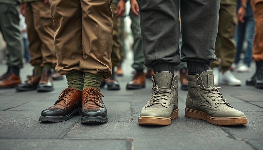 Close-up of military and civilian footwear highlighting discipline and casualness