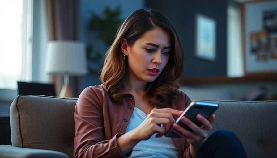 Woman reading phone message, expressing concern, indoor setting.