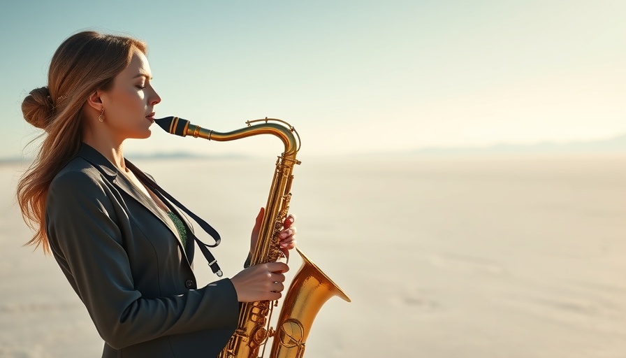 Elegant saxophonist playing on a salt flat, fusion of Afrobeats and Jazz.