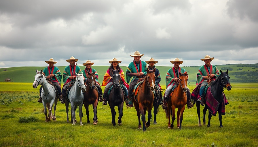 Indigenous horse riders in traditional ponchos exploring cultural destinations.