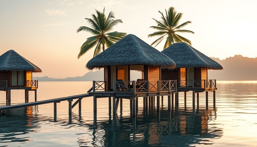 Scenic overwater huts at sunrise for travel inspiration.