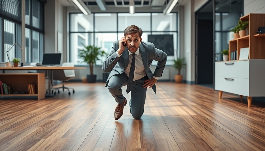 Frustrated businessman stuck in floor, conceptualizing feeling stuck at work.