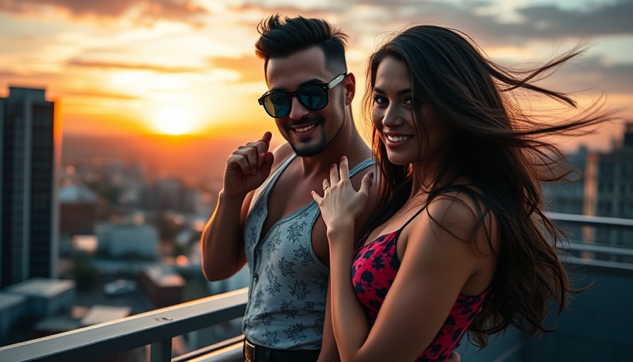 Stylish couple performing on rooftop at sunset for saxophone music night drive.