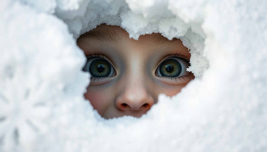 Close-up of eyes through snow smiley face to normalize emotion at work.