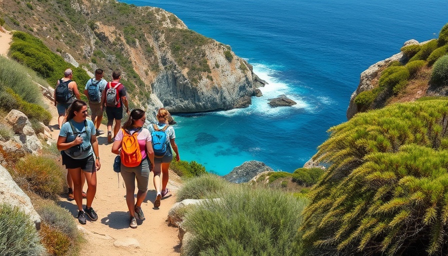 Group hiking one of the best walks in Italy with coastal view.