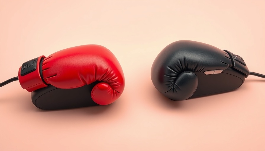 Brand rivalry symbolized by boxing gloves atop computer mice