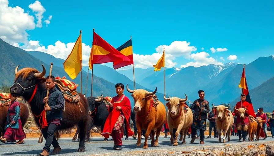 Cultural procession at Royal Highland Festival Bhutan with yaks and mountains.