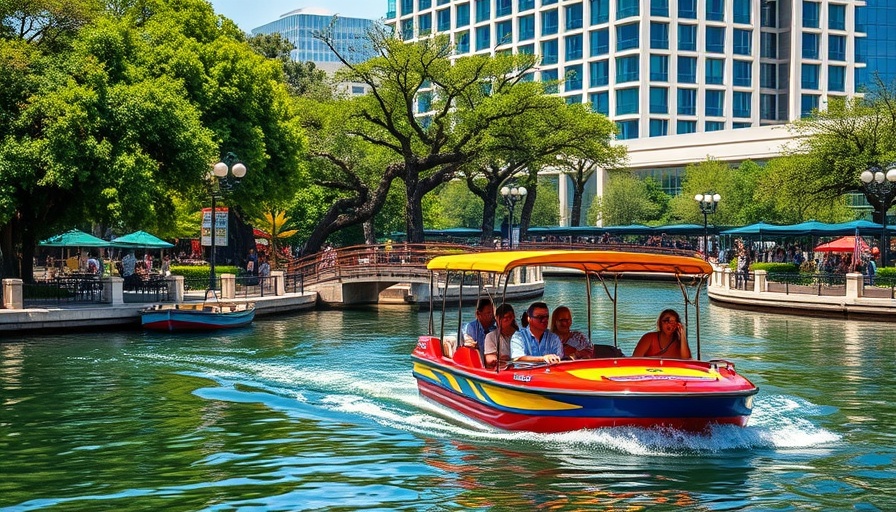 Weekend in San Antonio river walk with boats and lush greenery.
