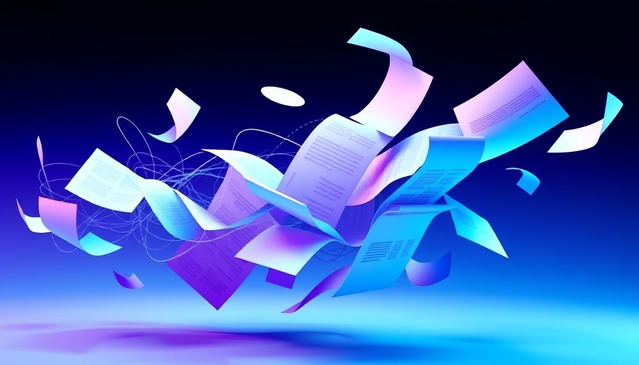 Stylized business documents swirling, vibrant blue, dynamic design.
