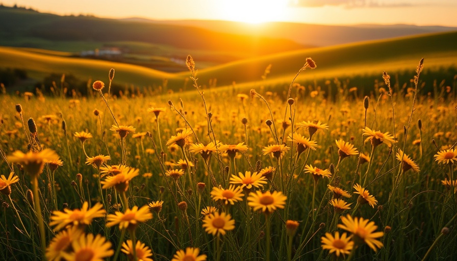 Golden wildflowers at sunset in a Canadian national park.