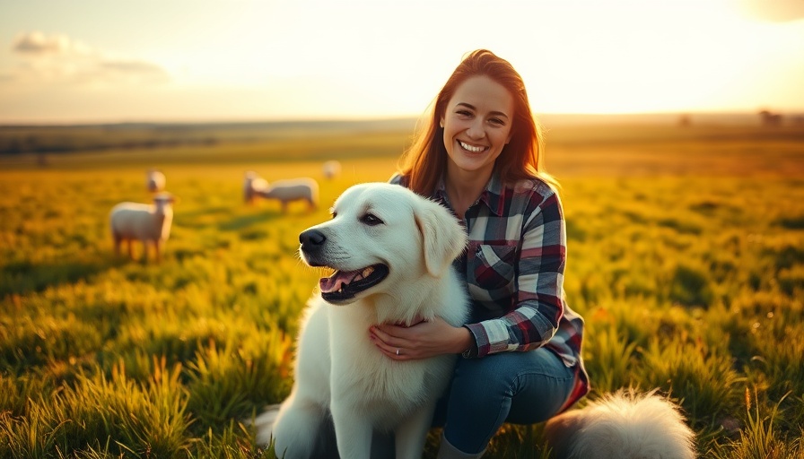 Woman petting dog on pasture with sheep, highlighting soil health in America's heartland.