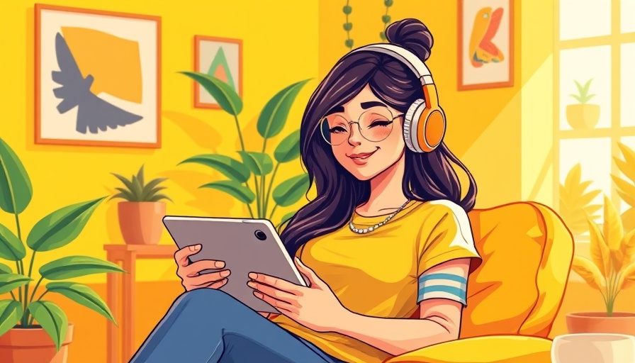 Young woman enjoying lofi music for relaxation in cozy cartoon setting.