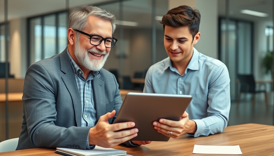 Mature mentor training a young employee with a tablet in a modern office.
