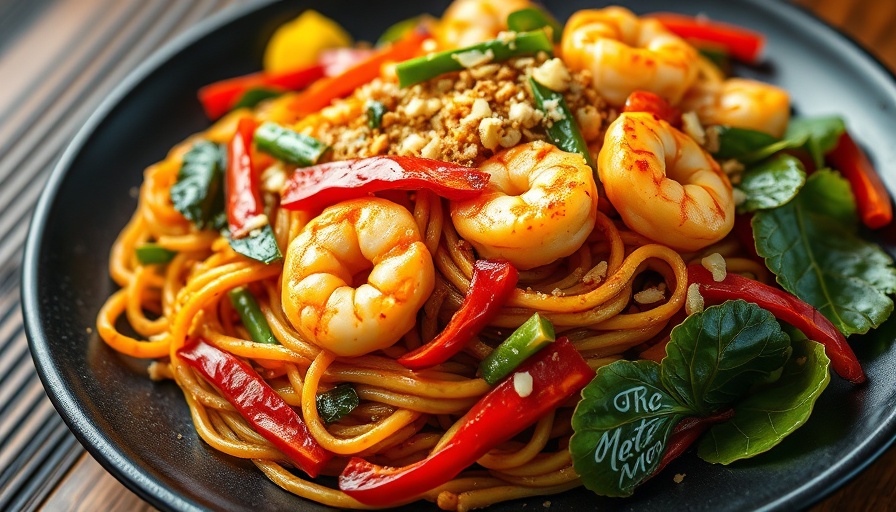 Delicious Pad Kee Mao with shrimp and vegetables on a plate.