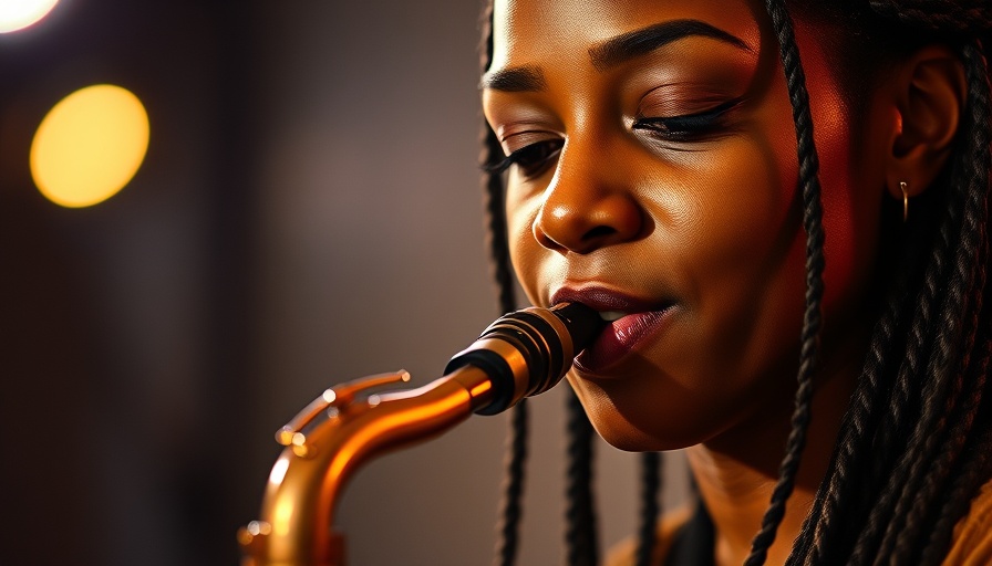 Woman with braided hair playing saxophone in warm light; Boom Bap Meets Afro Jazz.
