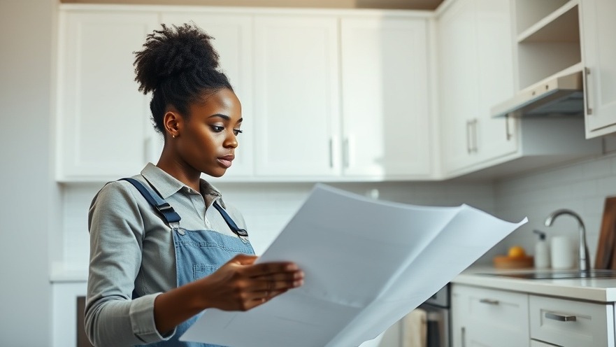 Focused African handywoman reviewing blueprints in a modern kitchen, showcasing memorable handyman names.