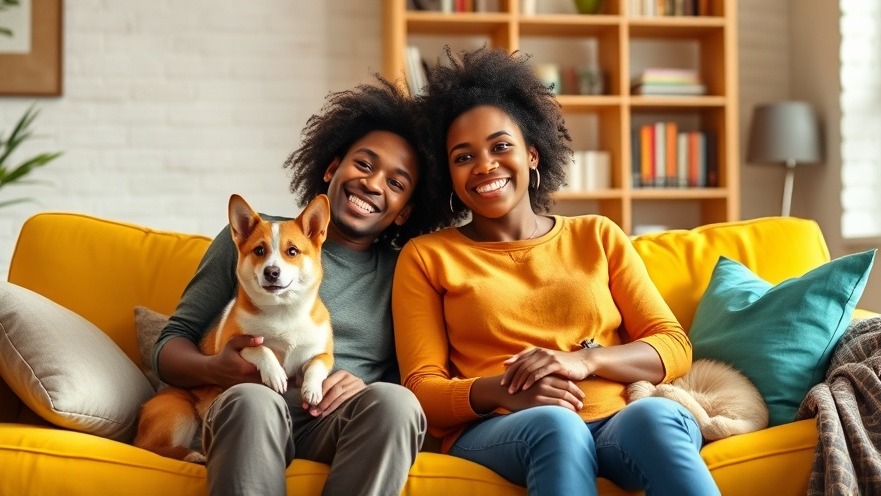 Cheerful mother and son enjoying pet care services with a corgi and cat in a cozy living room.