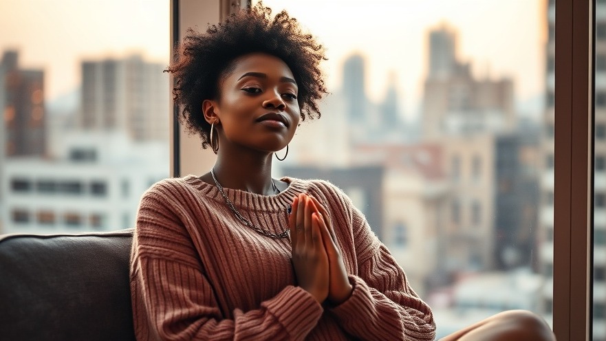 Young woman in cozy sweater enjoying relaxation music with cityscape view