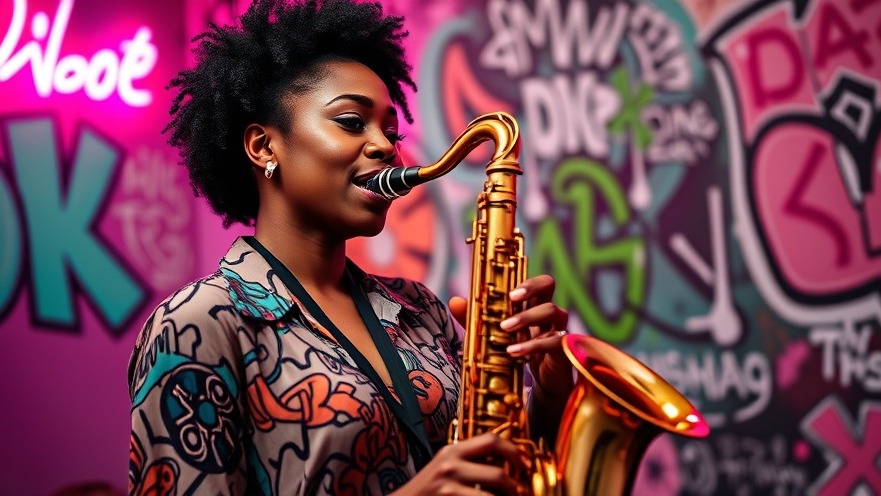 Stylish African woman musician playing saxophone in a vibrant urban studio, perfect for relaxation music.