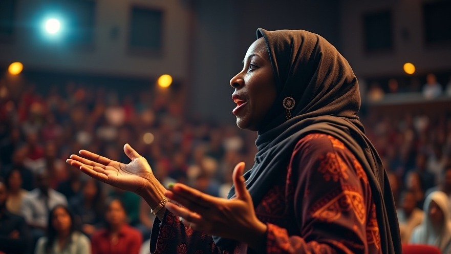 Passionate African Muslim woman inspiring community connection through faith in a dimly lit auditorium.