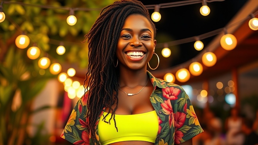 Vibrant young Afro-Latin woman in neon attire, embodying joy and cultural connection, amidst lively greenery.