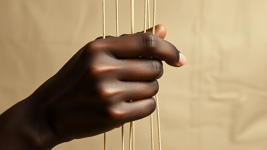 Close-up of an African woman’s hand gripping puppet strings, symbolizing women in business and leadership.