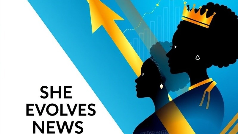 Dynamic social media banner for SHE EVOLVES NEWS celebrating African women's excellence.