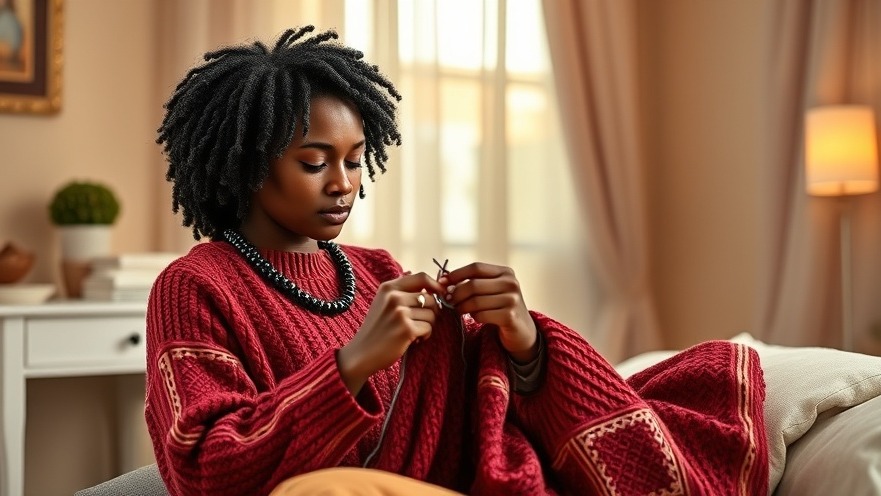 Young African woman in traditional dress knitting a cozy sweater, supporting local artisans.