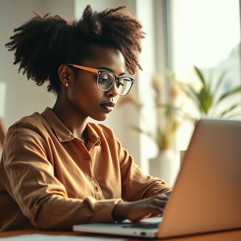 Young woman working with entrepreneurial mindset at a laptop in bright office