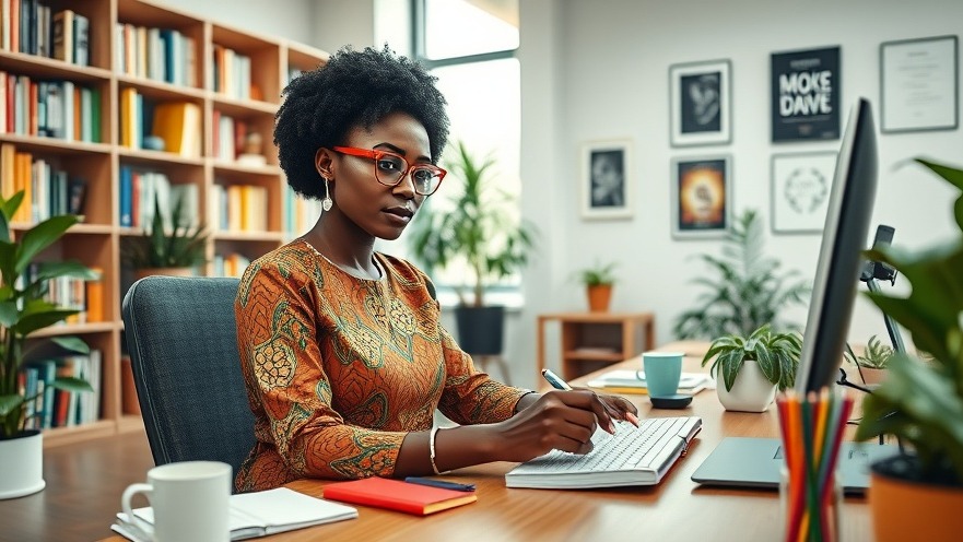 African woman academic in traditional clothing, focused on research in a modern workspace.
