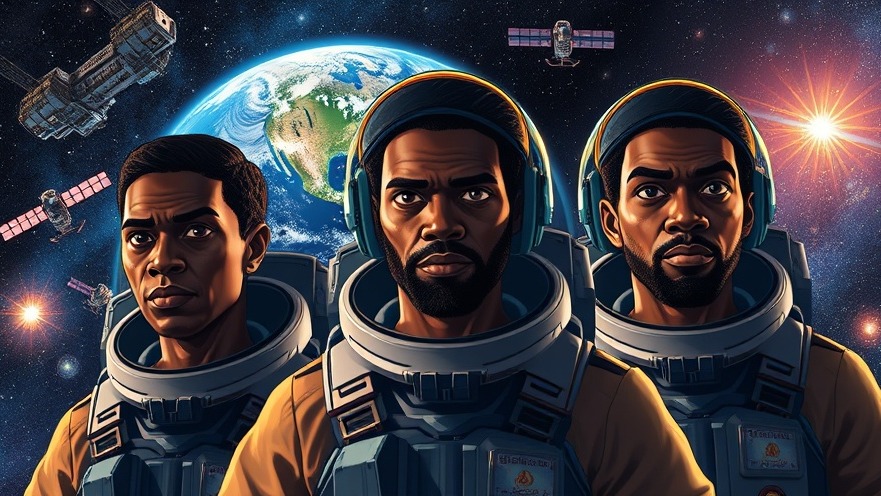 Three African space explorers with serious expressions amid satellites, highlighting the US-China space race.