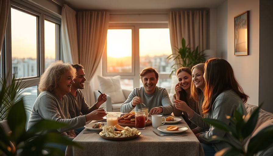 Group in apartment discussing global housing affordability crisis over dinner.
