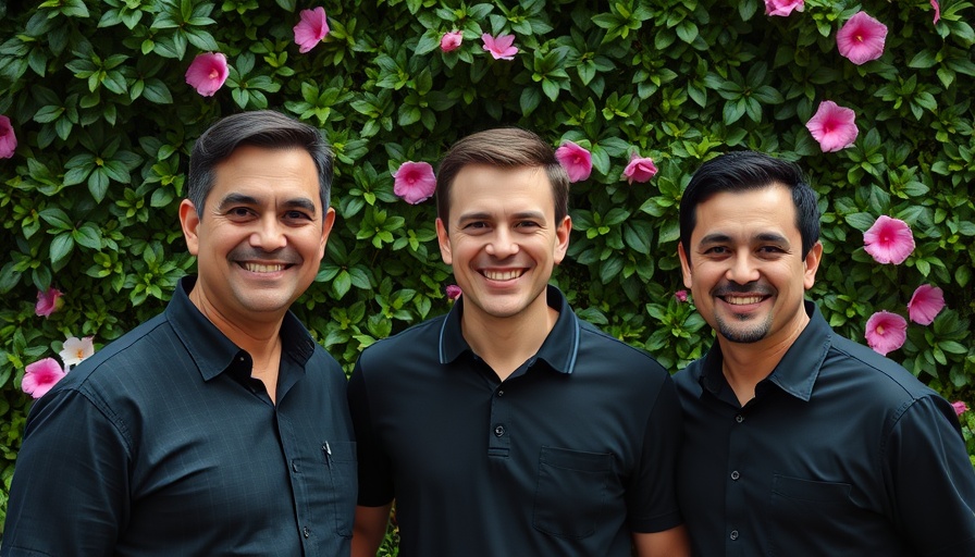 Raenest team smiling in front of a lush green foliage wall.
