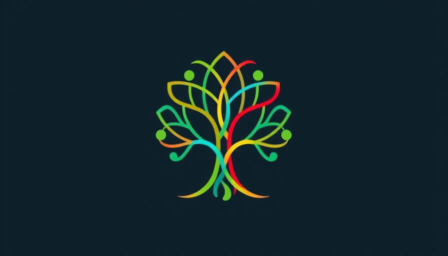 Abstract tree logo with interwoven lines symbolizing unity, in colors green, red, blue.